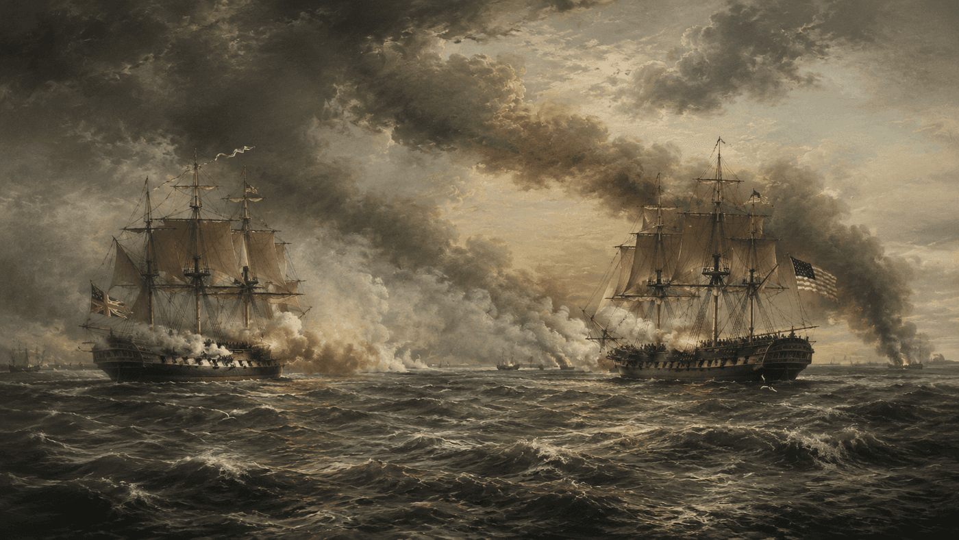 An early 19th century naval battle scene with tall-masted ships exchanging fire on a grey ocean