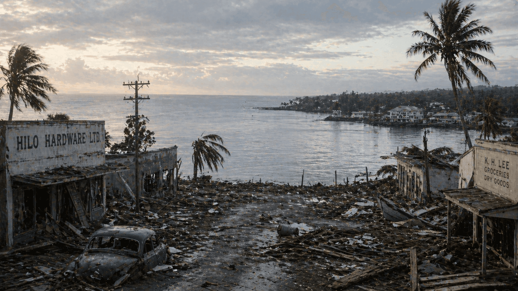 The Hilo waterfront on the Big Island of Hawaii with the bay stretching to the horizon and palm trees along the shore