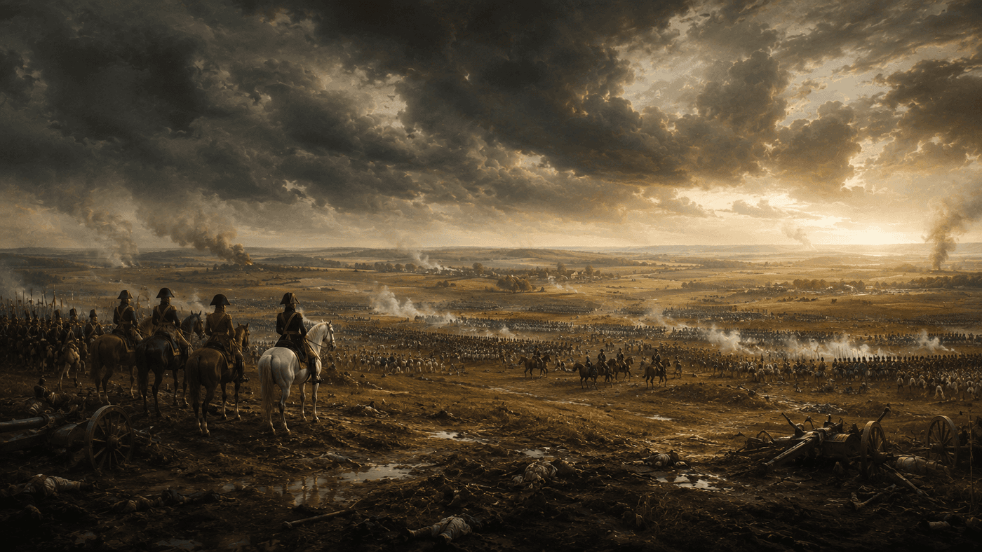 A dramatic 19th century battlefield at dusk with cavalry and infantry across a wide muddy field under a stormy sky