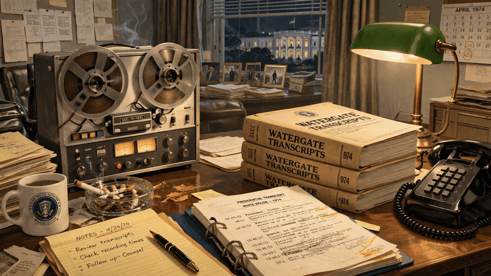 A stack of thick bound volumes of printed transcripts on a wooden desk next to a reel-to-reel tape recorder in a 1970s government setting