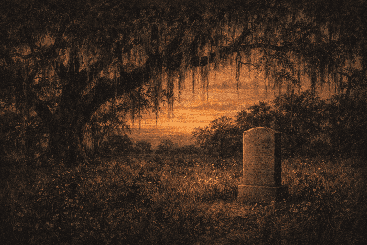 A solemn memorial marker surrounded by oak trees draped in Spanish moss at a rural Louisiana historical site