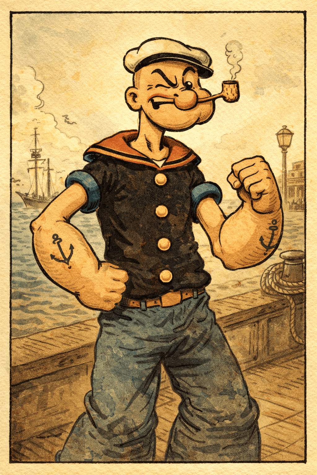 Popeye the Sailor Man in his classic pose with corncob pipe and anchor tattoo, drawn in vintage comic strip style