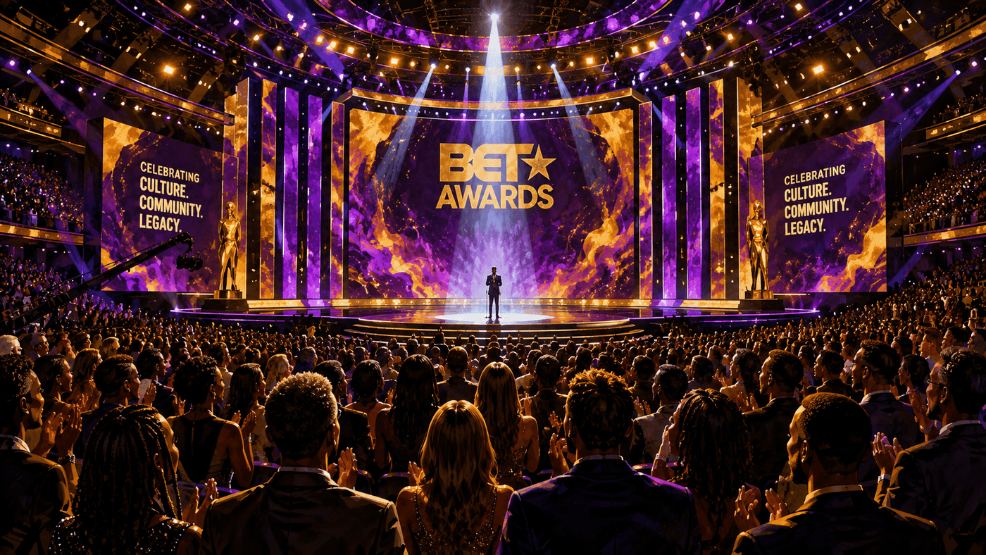 A performer takes the stage at a major awards ceremony, spotlight blazing, an adoring crowd before her