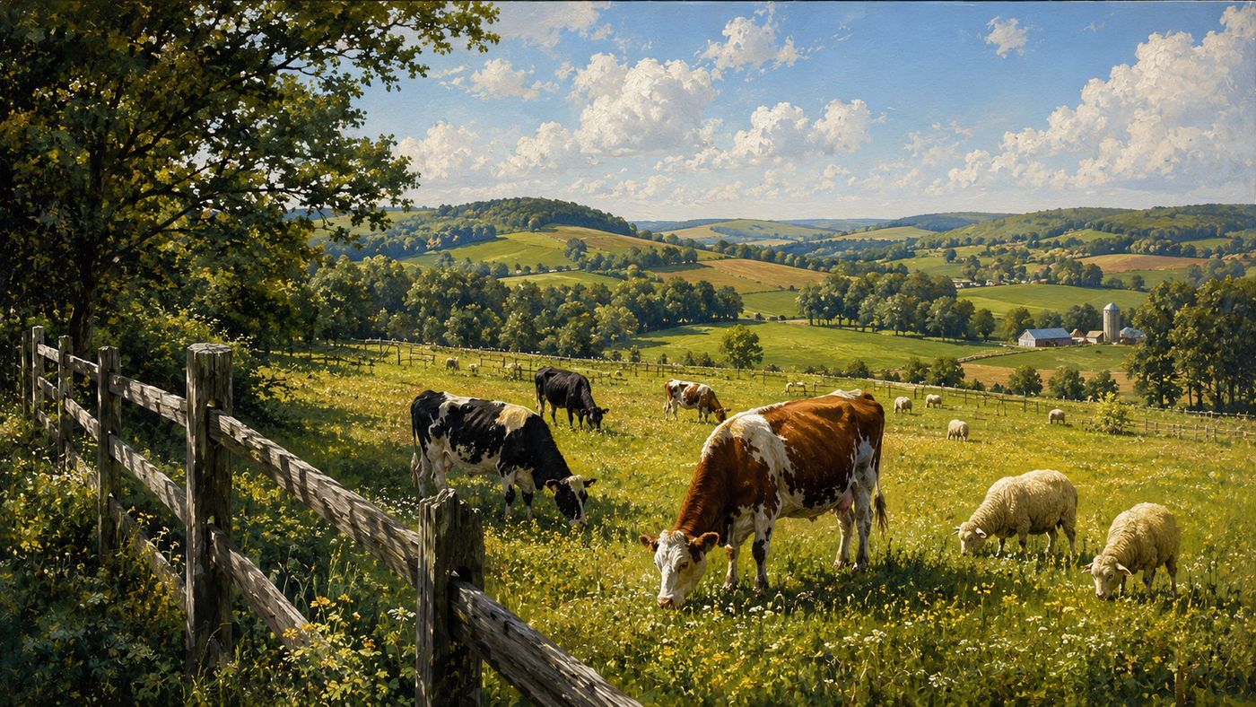 A peaceful farm landscape with various animals grazing in a sunlit field, rolling hills visible in the background under a clear sky
