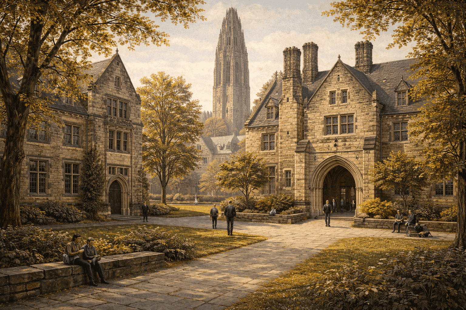 Historical illustration of Yale University campus with Gothic architecture and academic atmosphere