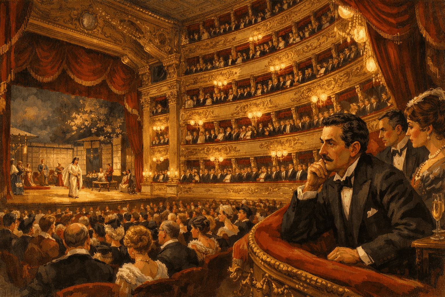 The premiere of Madama Butterfly at La Scala opera house with Giacomo Puccini visible and the ornate theater interior and audience in 1904