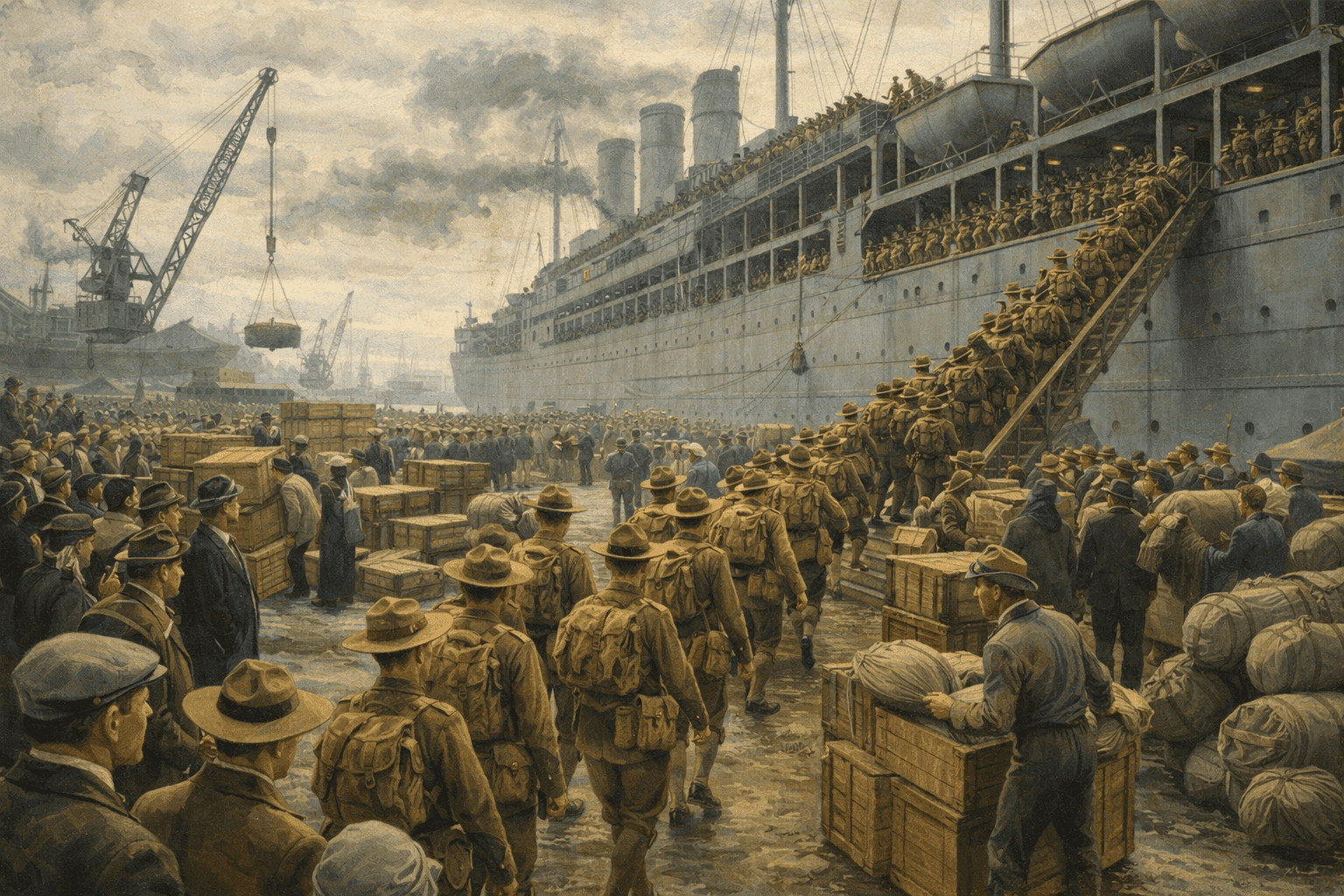 American soldiers boarding a troop transport ship at an Atlantic port in 1917 with the docks crowded with equipment and well-wishers