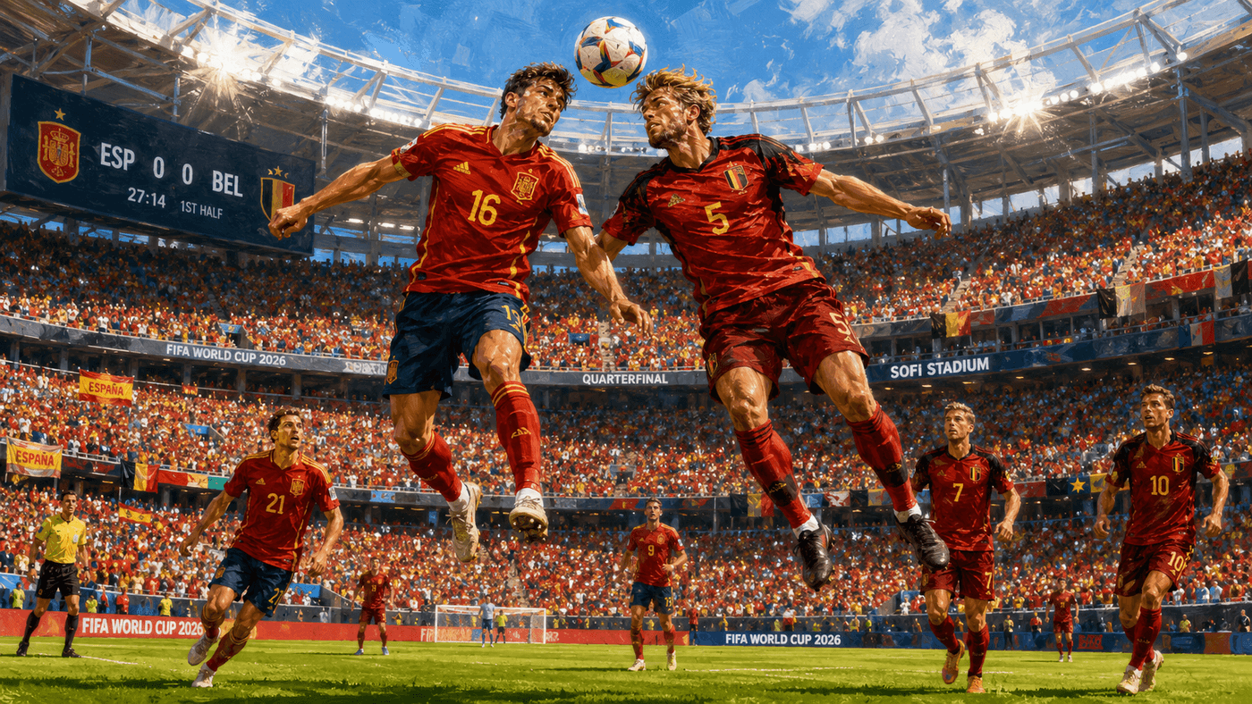 Spanish and Belgian players battling for the ball on a brilliantly lit World Cup pitch at SoFi Stadium