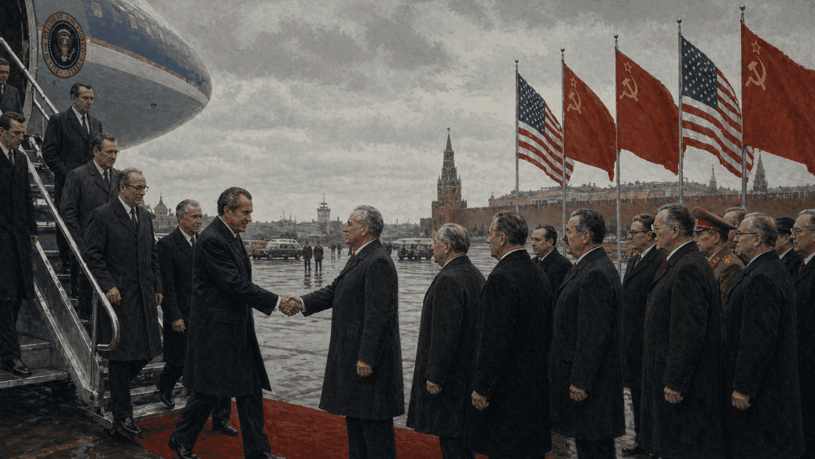 An American presidential delegation being greeted on the tarmac at a Soviet airport in 1972 with officials and flags