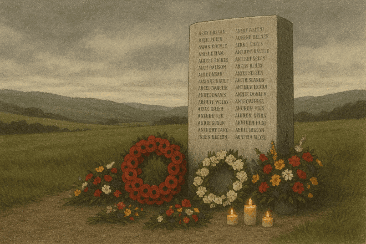 Memorial wreath and candles at the Lockerbie memorial site in Scotland, with names of victims and the Scottish landscape in the background