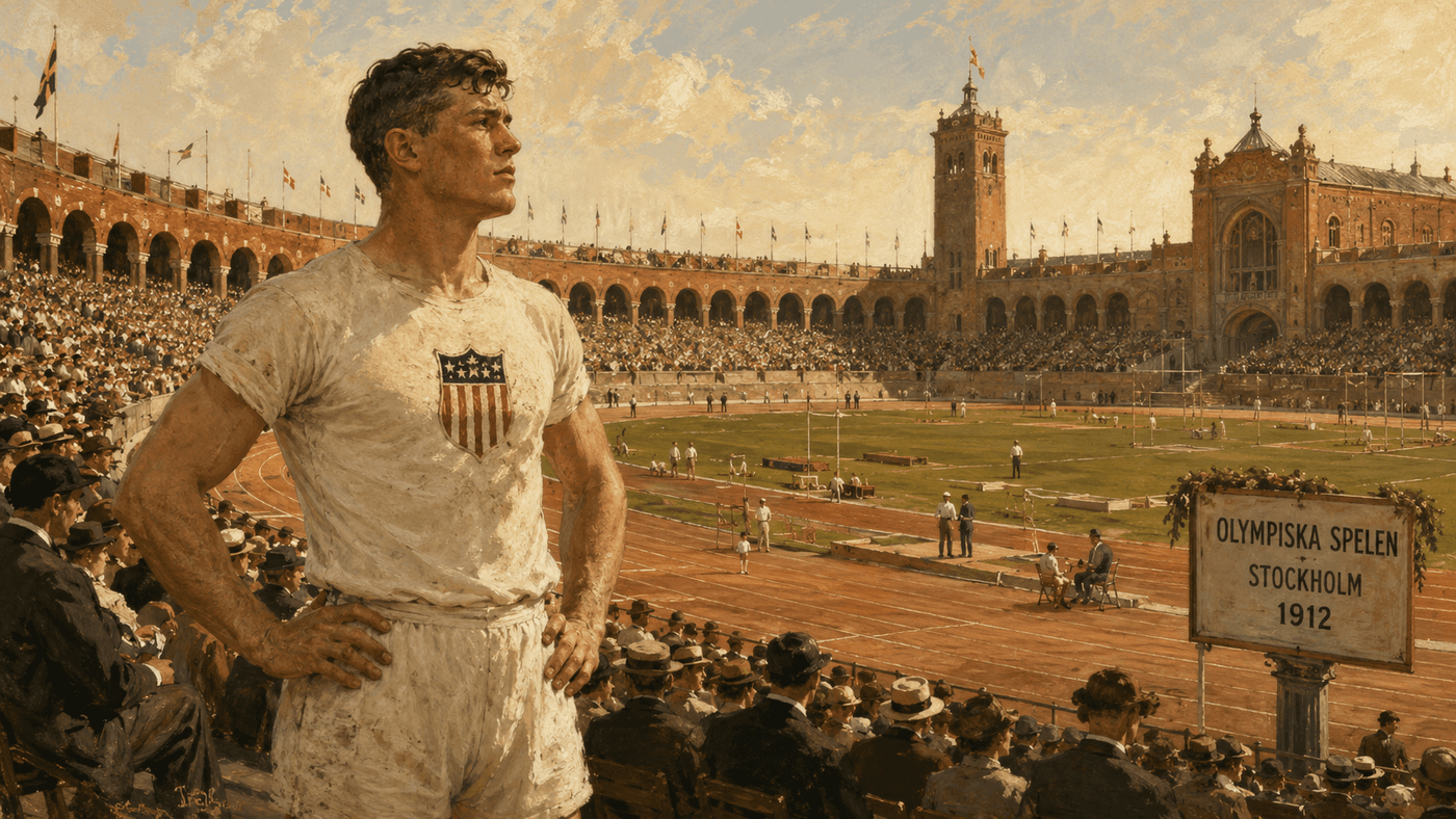 A painterly illustration of the 1912 Stockholm Olympic stadium, its elegant arched architecture surrounding a track and field venue under a Scandinavian summer sky