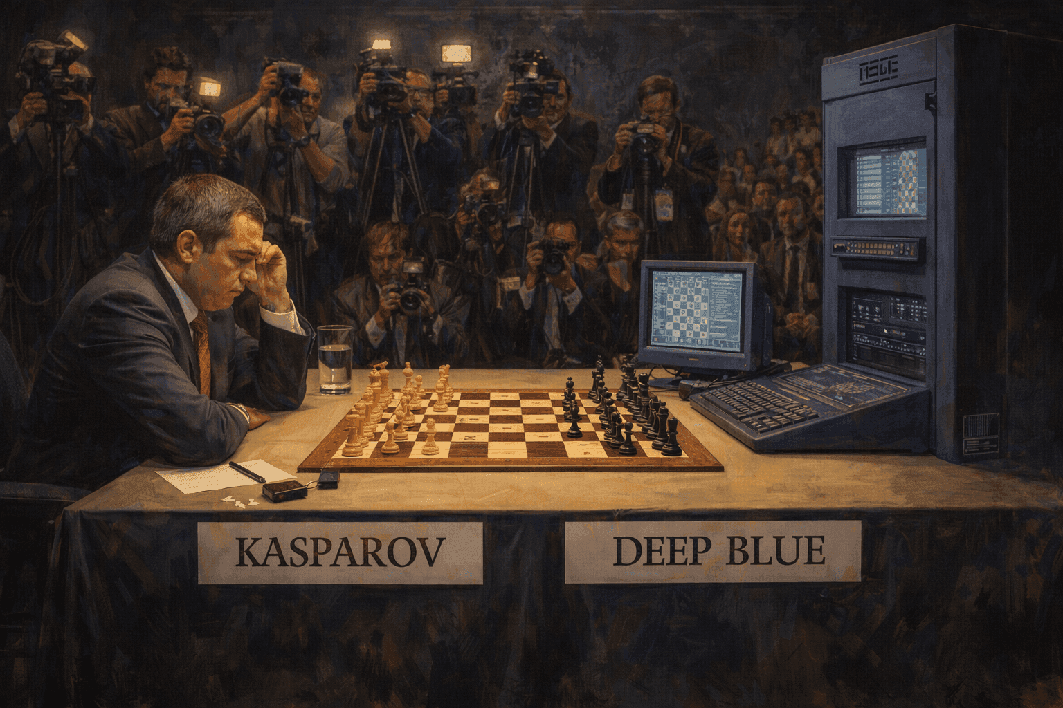 Garry Kasparov facing IBM Deep Blue computer setup across a chess board in a formal match setting with audience and media present