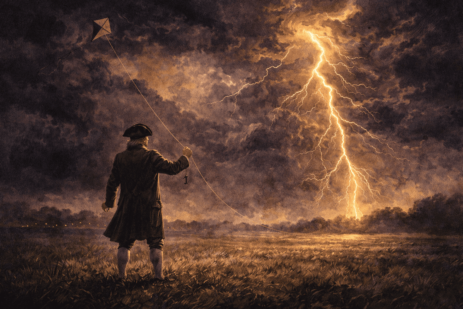 Benjamin Franklin conducting his famous kite experiment in a stormy sky above colonial Philadelphia rooftops