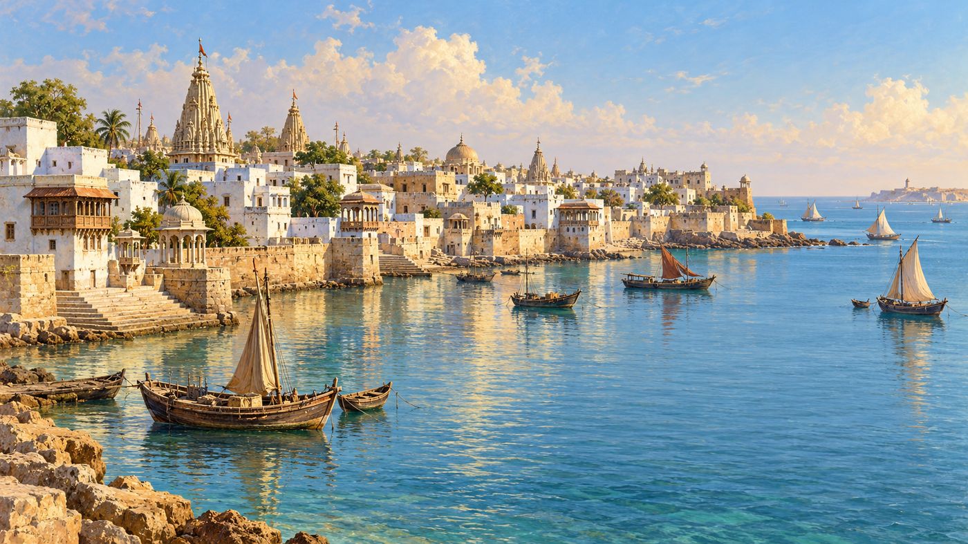 A sweeping painterly view of the Arabian Sea coastline at Porbandar — whitewashed buildings along a curved shore, fishing boats on calm water, warm morning light across the Gulf of Kutch