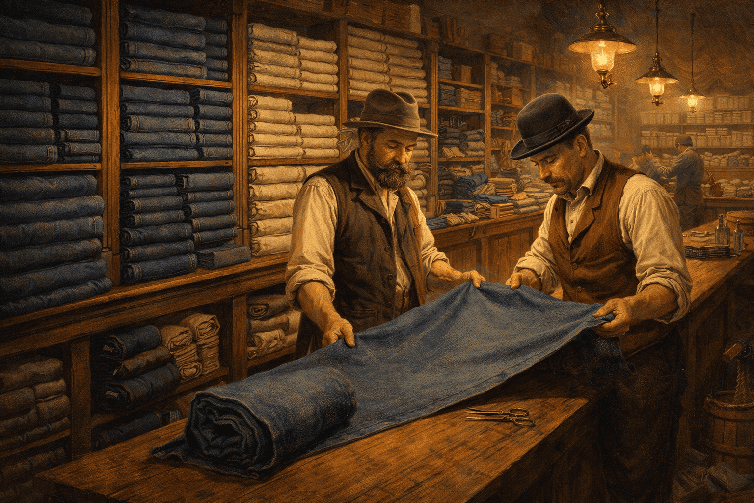 A 19th-century San Francisco dry goods store with bolts of denim fabric stacked behind the counter and workers examining samples