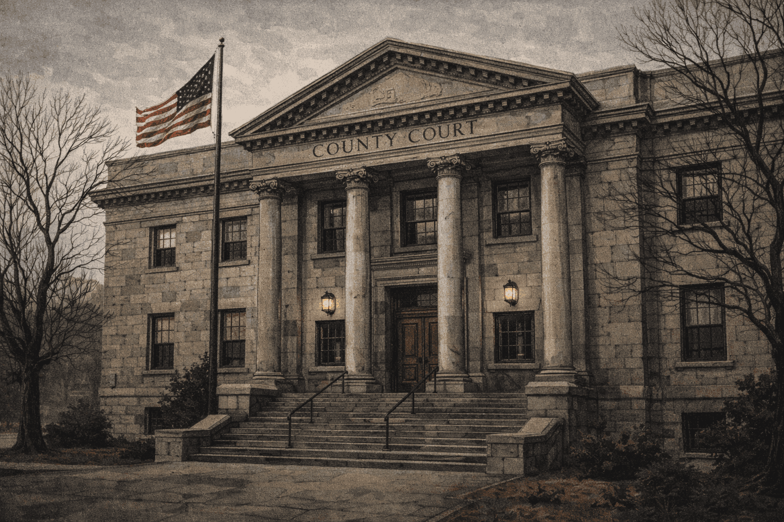 The exterior of a New Jersey county courthouse with stone steps and American flag on a gray overcast day