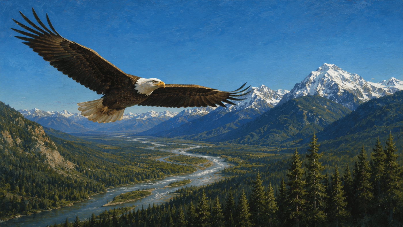 A bald eagle soaring over a pristine American river valley, pine-covered mountains visible in the background under a clear blue sky
