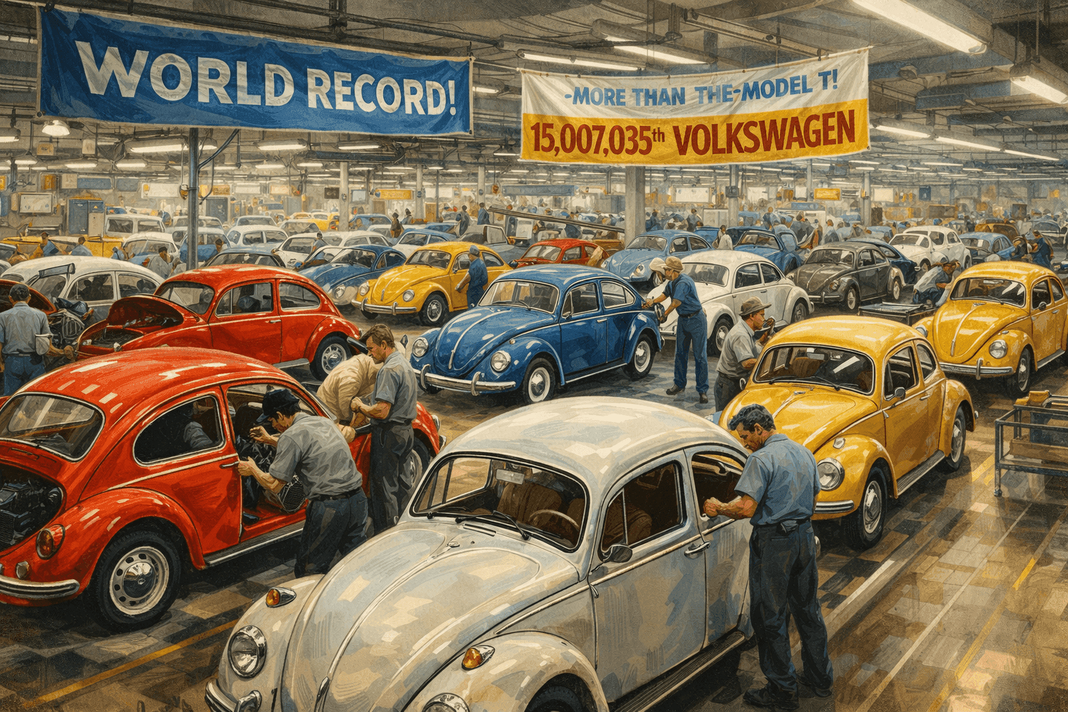 Volkswagen Beetle production line with workers assembling the iconic cars in the factory celebrating the record-breaking milestone
