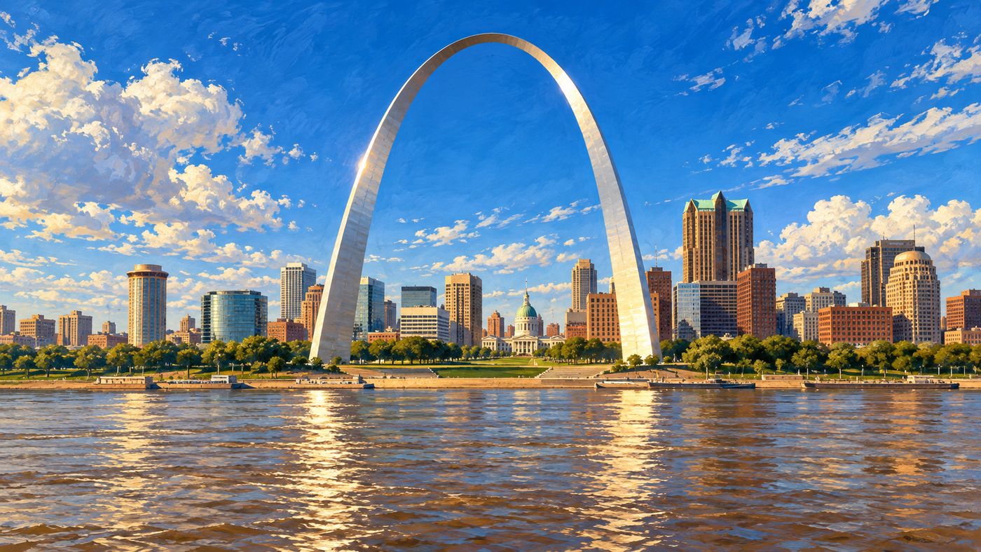 A sweeping painterly illustration of the Gateway Arch in St. Louis — the gleaming stainless steel catenary curve rising 630 feet above the Mississippi riverbank, the river visible below, the St. Louis skyline extending to the right, a wide Missouri sky above
