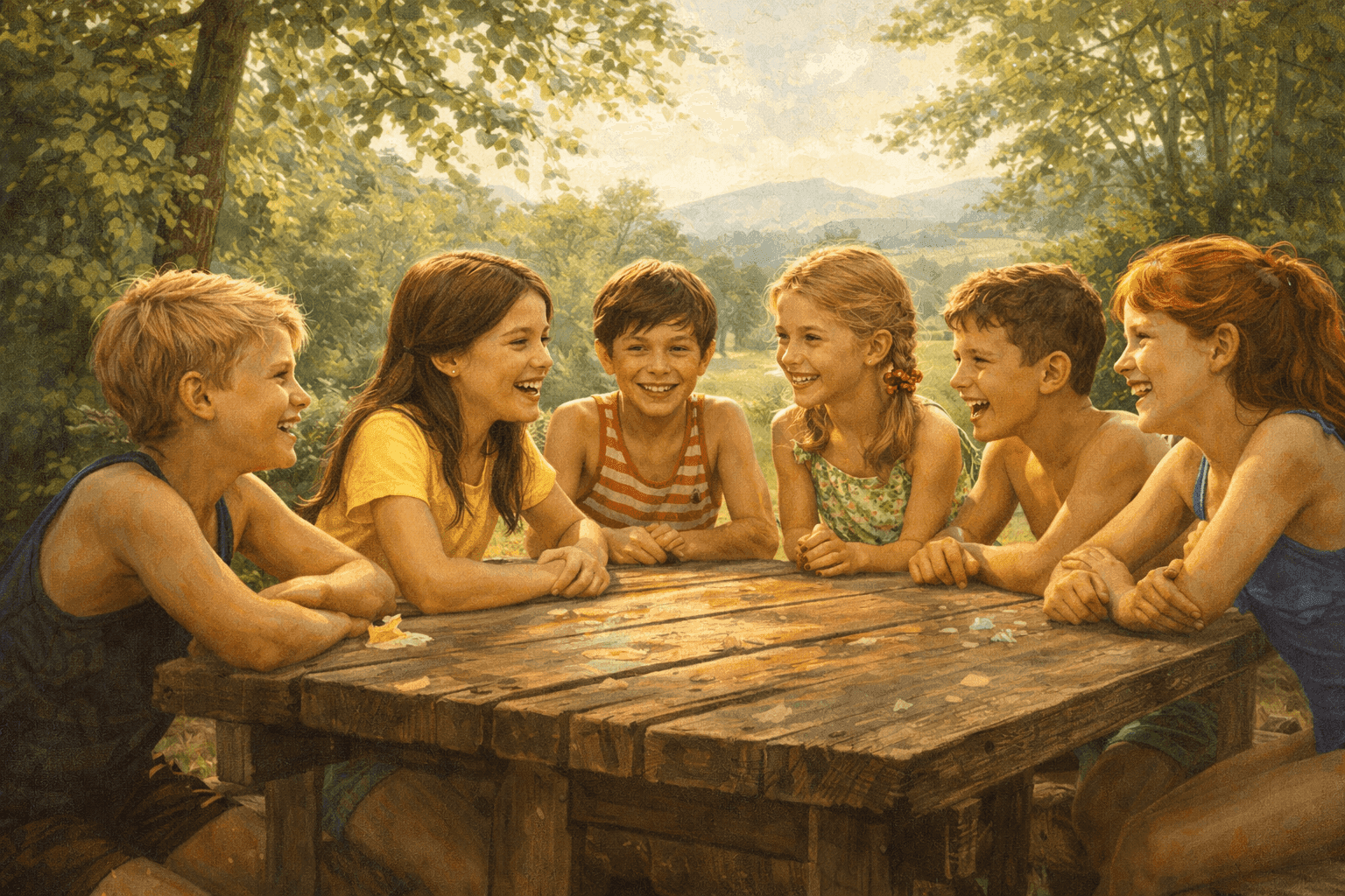 A young American girl surrounded by smiling Soviet children at a summer camp in the Crimea in 1983