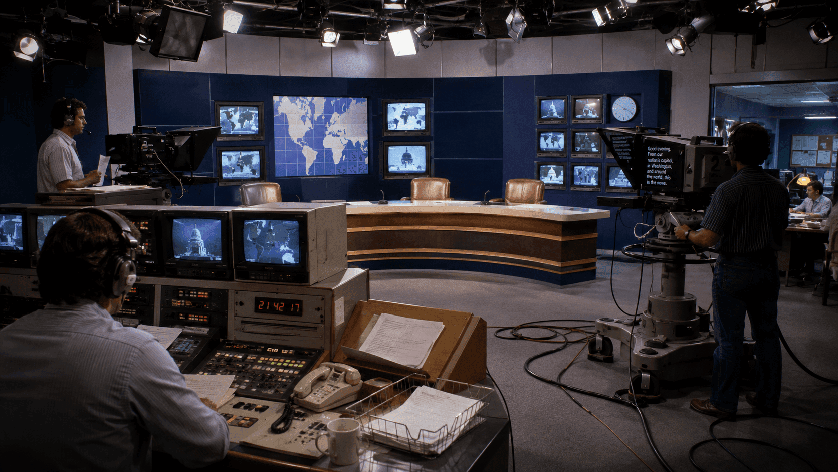 A 1980s television news studio with anchor desks monitors and cameras in an early cable news broadcast setting