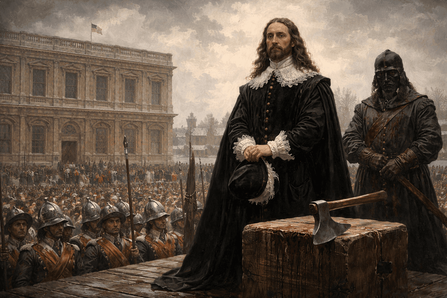 King Charles I on the execution scaffold outside Whitehall with crowds gathered and the executioner's block visible