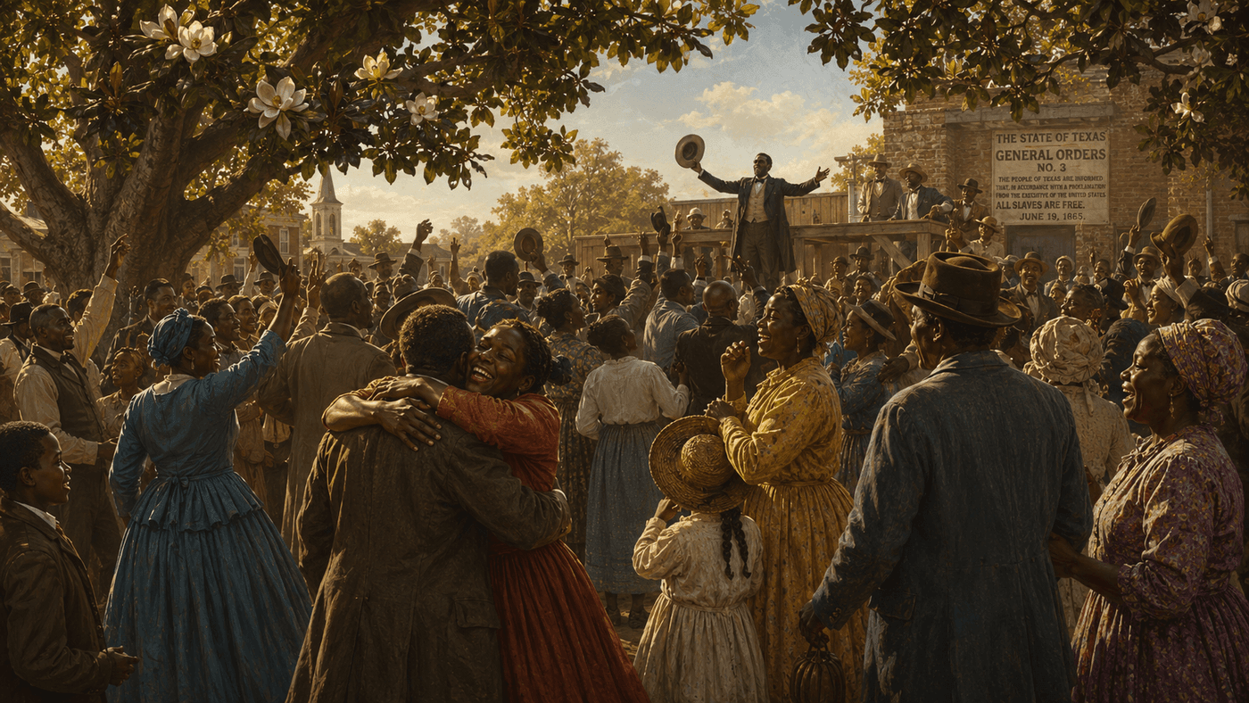 A warm outdoor Juneteenth celebration scene with jubilant crowds, colorful banners, and a speaker addressing a gathering