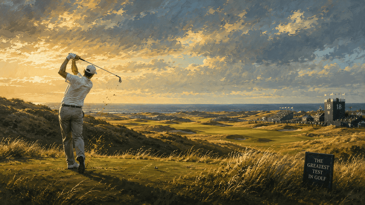 A golfer standing on the windswept fairway of Shinnecock Hills, the Atlantic horizon visible in the distance