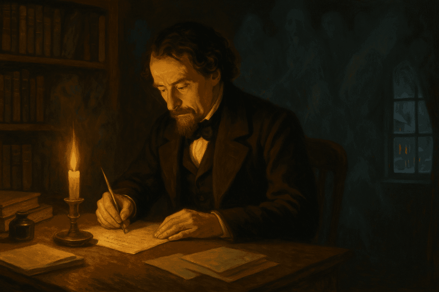Charles Dickens writing at his desk by candlelight with ghostly Victorian-era spirits visible in the atmospheric background