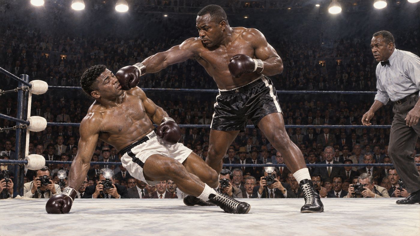 A 1960s boxing arena with a packed crowd surrounding the ring, two fighters in the moment of a championship bout under the bright arena lights