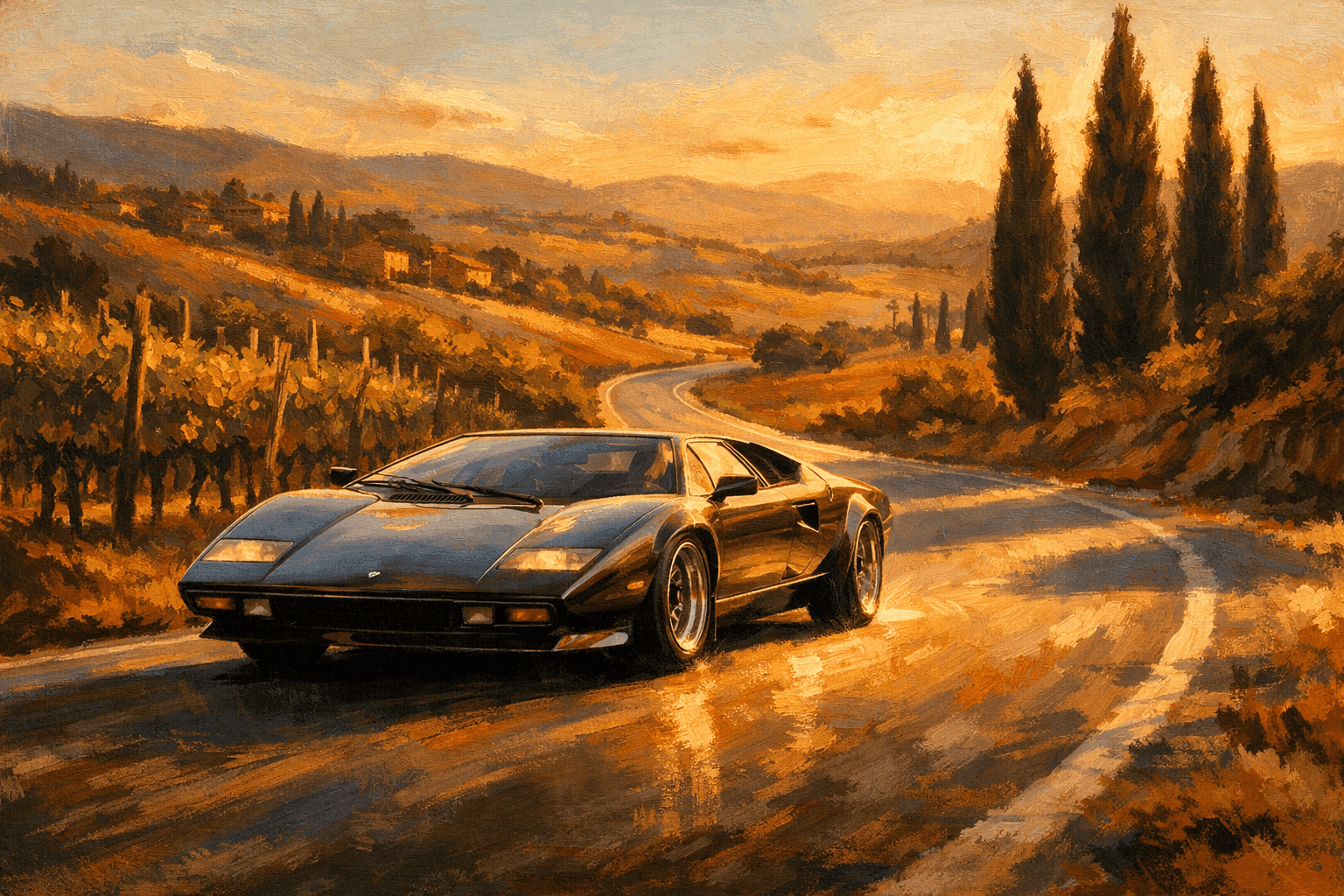 A sleek low-slung Italian supercar on a winding mountain road in the Italian countryside at golden hour