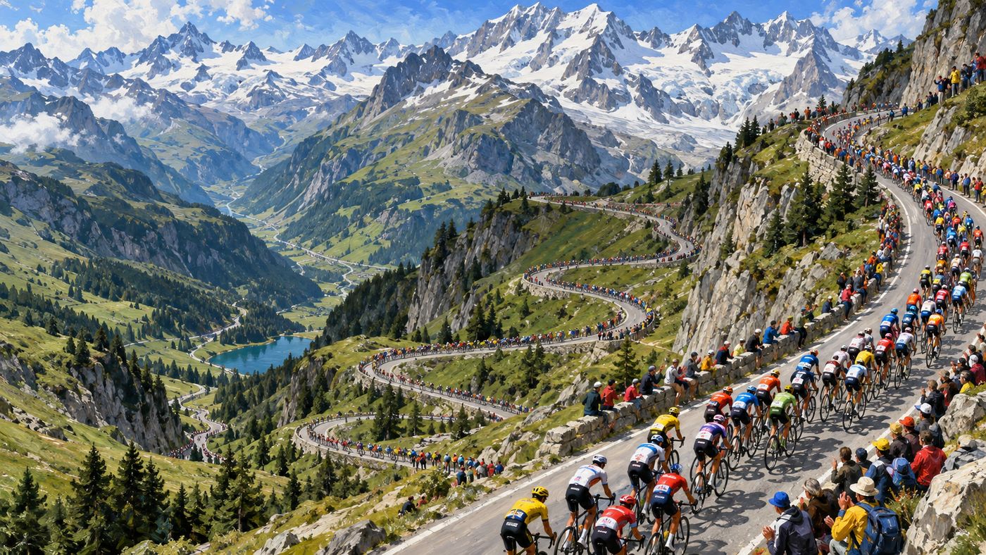 A painterly illustration of the Tour de France peloton climbing a mountain pass in the French Alps — a long line of cyclists winding up a dramatic switchback road, snow-capped peaks above, spectators lining the narrow mountain road