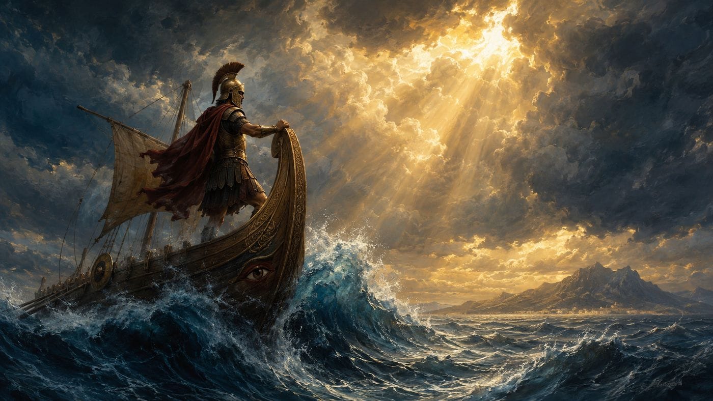 A lone warrior stands on the prow of an ancient Greek ship as it crosses a vast, storm-tossed sea under a mythic sky
