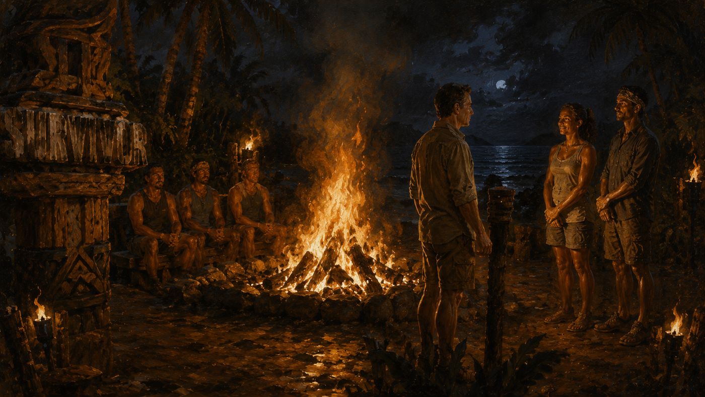 A tropical island jungle setting with a dramatic tribal council bonfire at night, torches reflected in the surrounding darkness