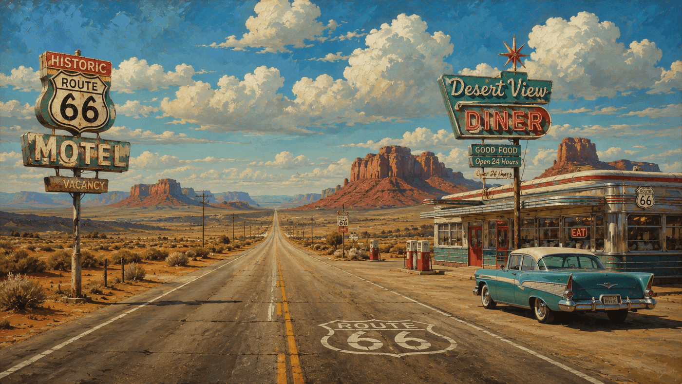 A classic American two-lane highway stretching toward a desert horizon under a wide blue sky with vintage roadside signs and a diner visible