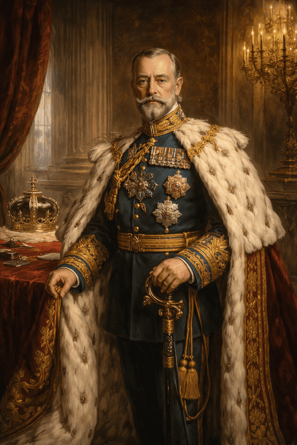 King George V in formal royal regalia addressing the nation, with period-appropriate 1930s setting