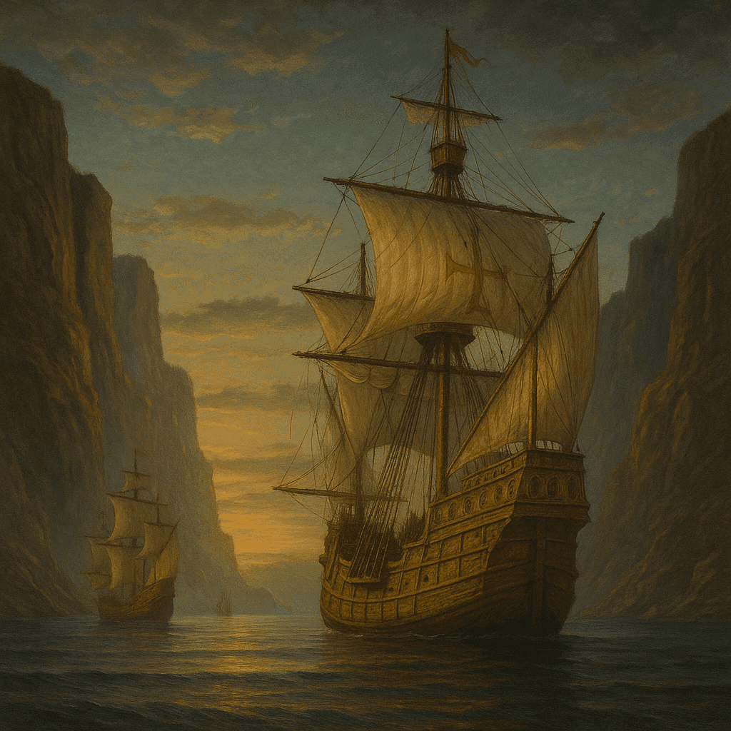 Magellan's fleet entering the Pacific Ocean