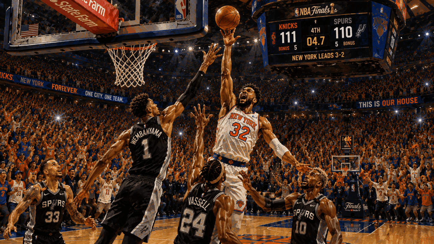 A basketball player rises for a game-winning tip-in as the crowd erupts behind him