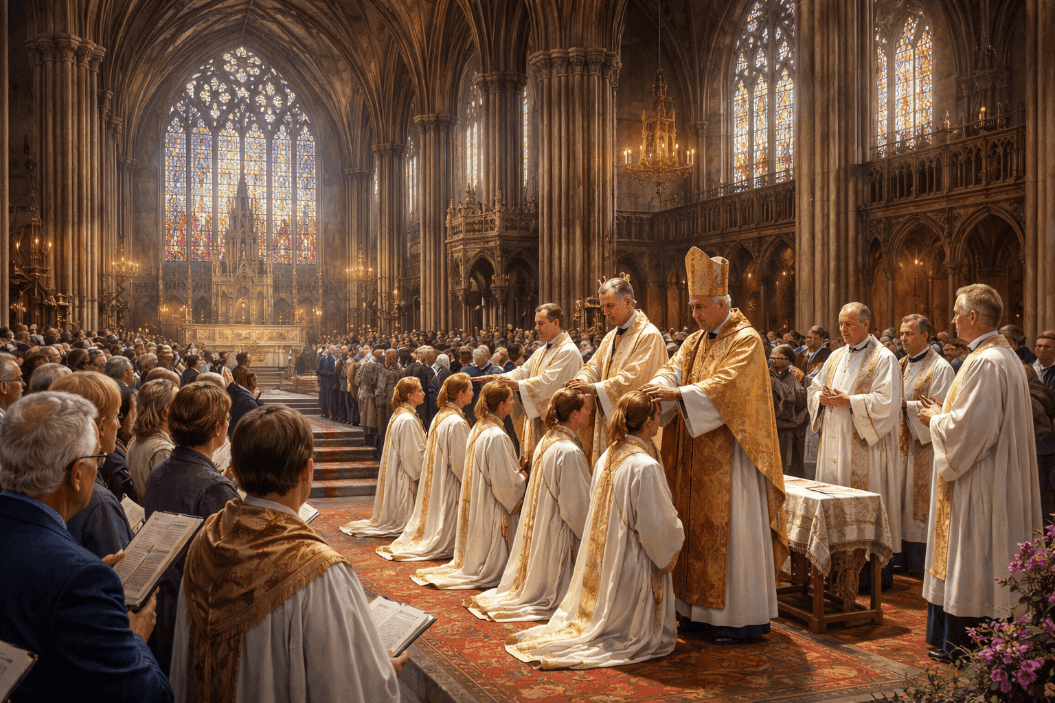 Historical illustration of Bristol Cathedral interior with Gothic architecture and religious ceremony