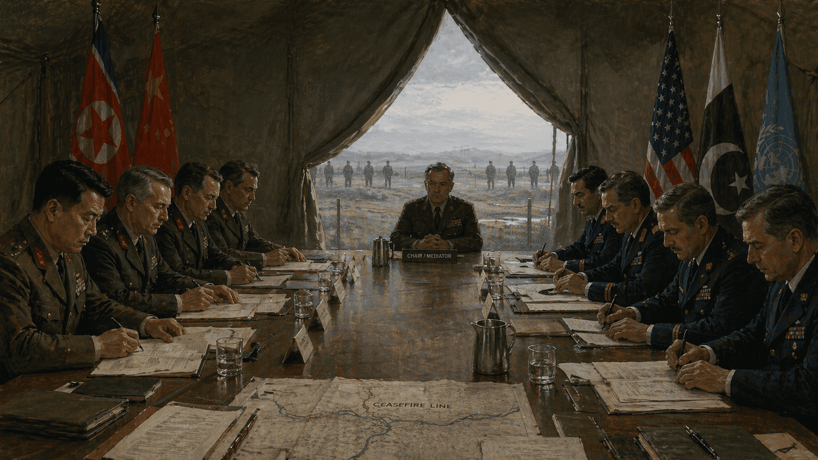 Military negotiators seated across from each other at an armistice table, evoking the historic Korean War talks at Panmunjom