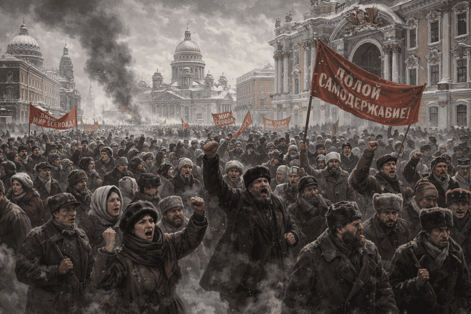 Historical illustration of 1917 Petrograd with revolutionary crowds in winter streets and Russian Imperial architecture