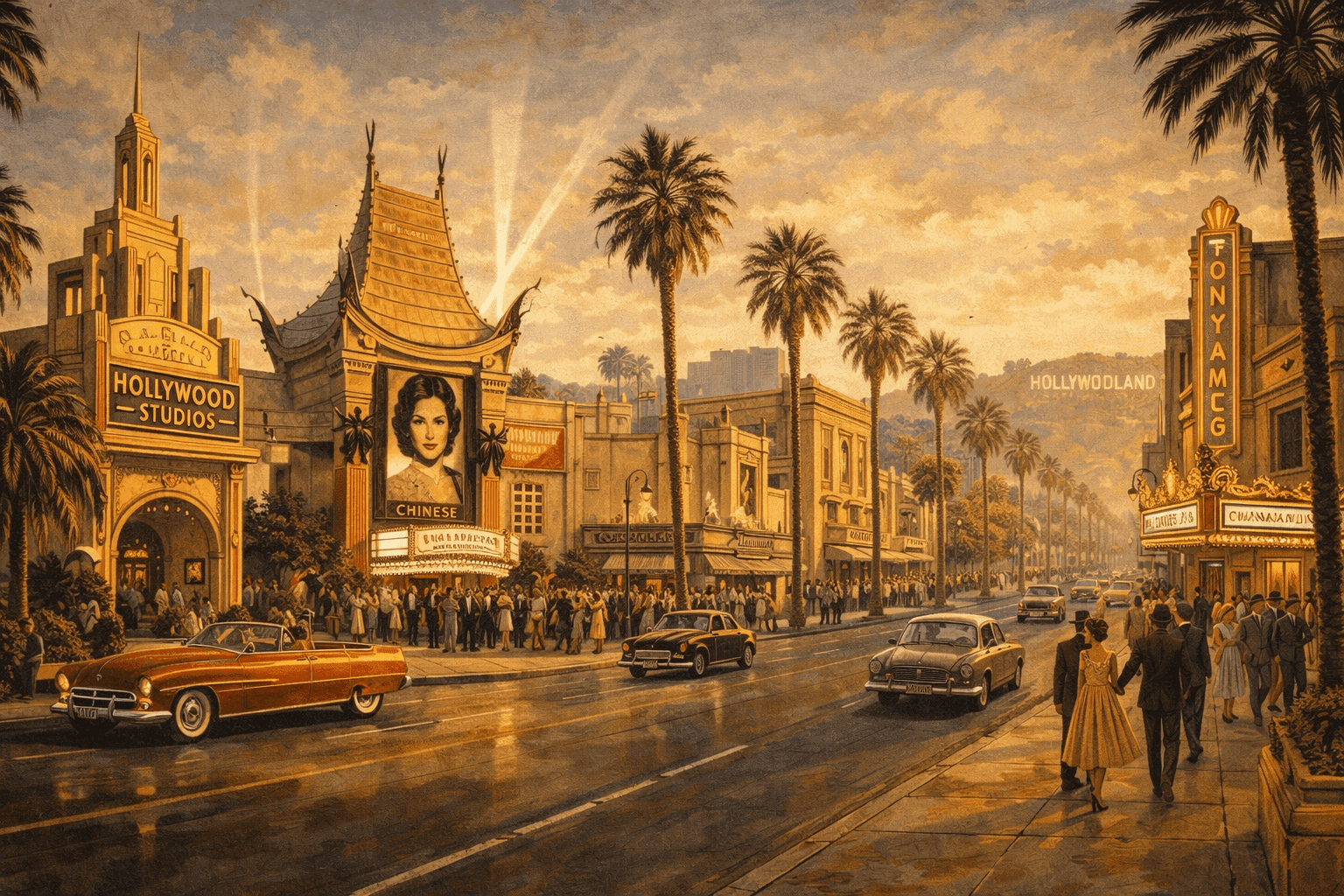 Historical illustration of glamorous 1950s Hollywood with movie studio architecture and golden age atmosphere