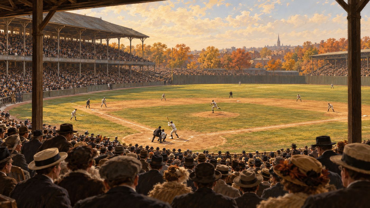 A painterly illustration of an early 1900s baseball stadium — wooden grandstands packed with spectators in period dress, a grass infield under autumn light, the field seen from behind home plate
