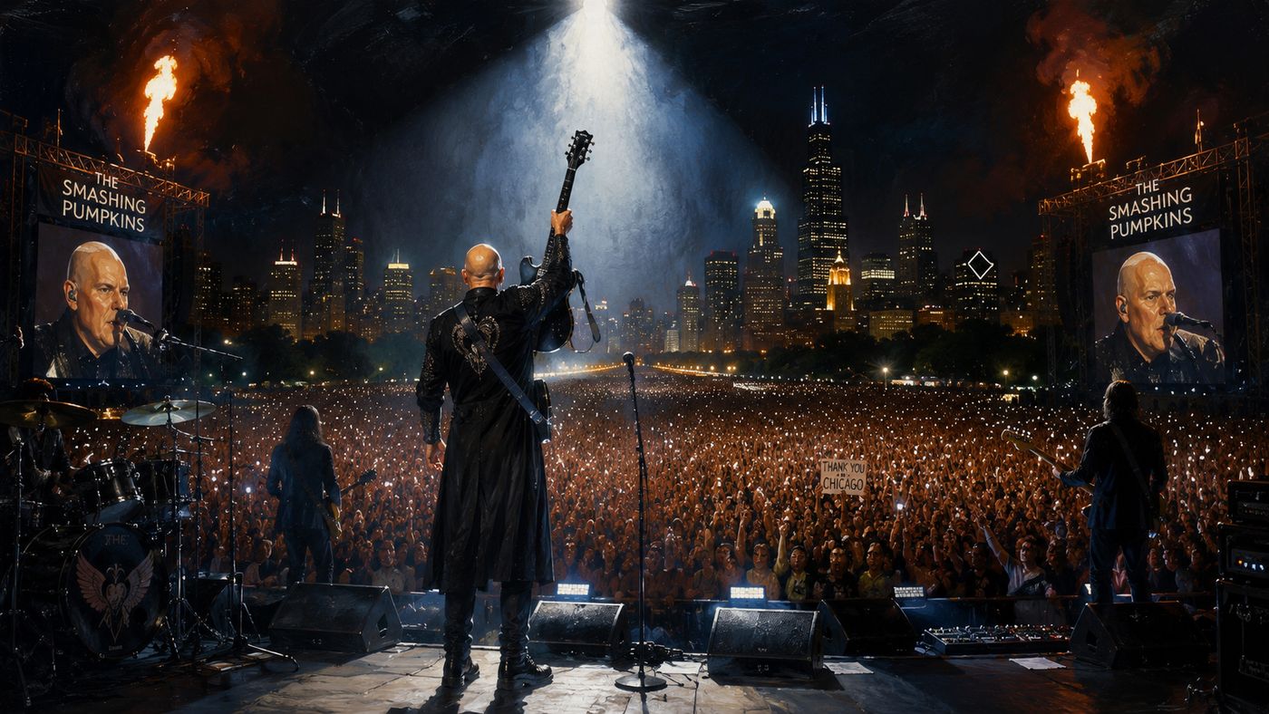 Billy Corgan of The Smashing Pumpkins performing on the main stage at Lollapalooza in Grant Park, a massive crowd stretching into the distance