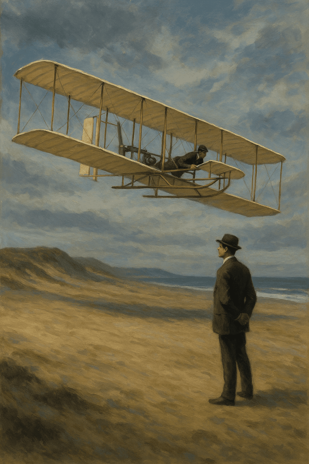 The Wright Flyer in flight at Kitty Hawk with Orville piloting and Wilbur standing on the ground, capturing the historic moment of first powered flight
