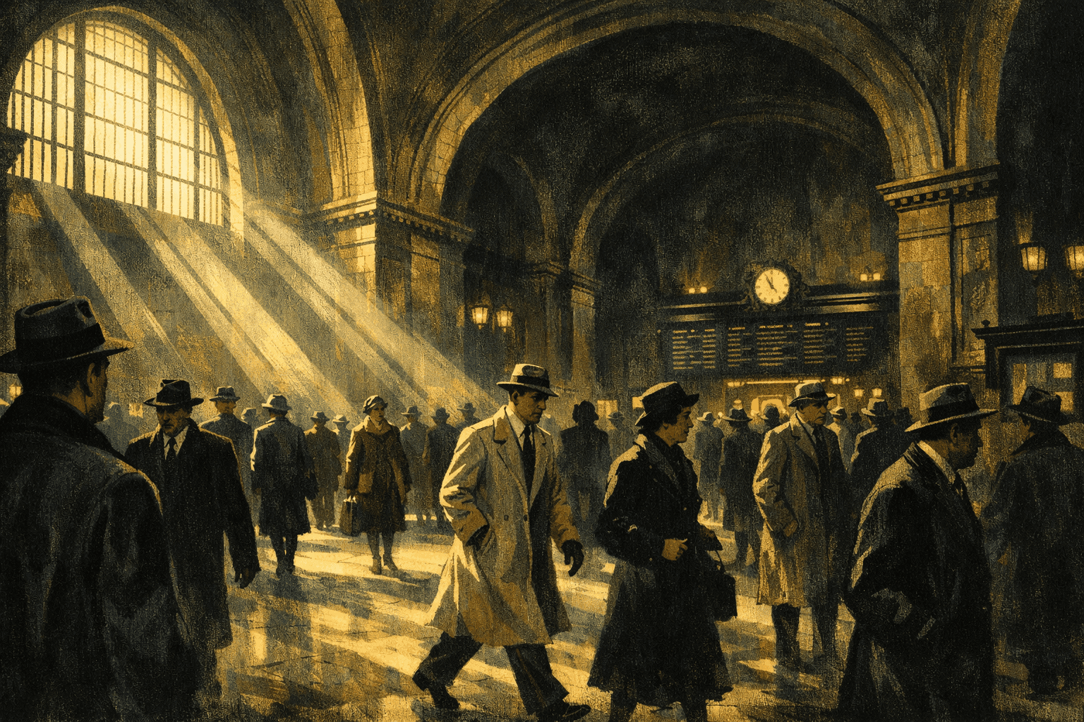 A lone, shadowy figure in a crowded mid-century train station, evoking the atmosphere of the Mad Bomber's campaign in New York City