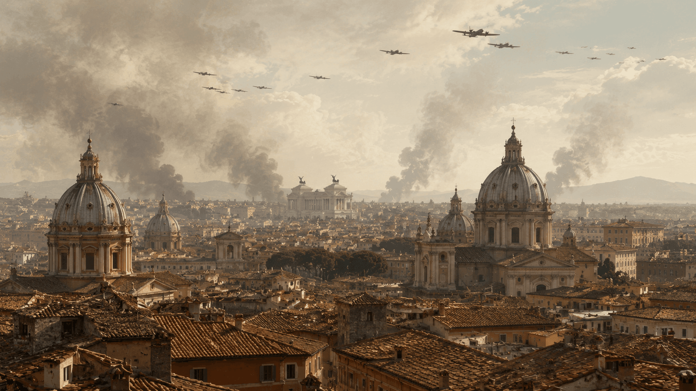 A historic European city skyline with ancient domes and rooftops visible beneath a sky filled with distant aircraft and rising smoke