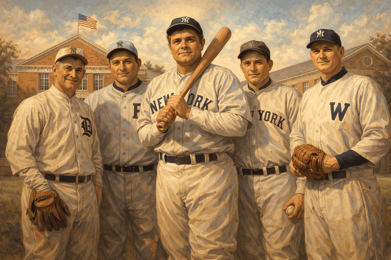 Vintage baseball players including Babe Ruth and Ty Cobb in historic uniforms with Baseball Hall of Fame building in background