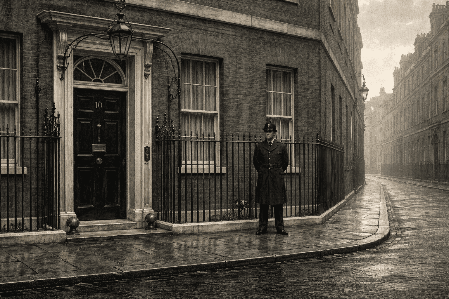The exterior of 10 Downing Street in London on an overcast wartime day with a black car parked outside and reporters nearby