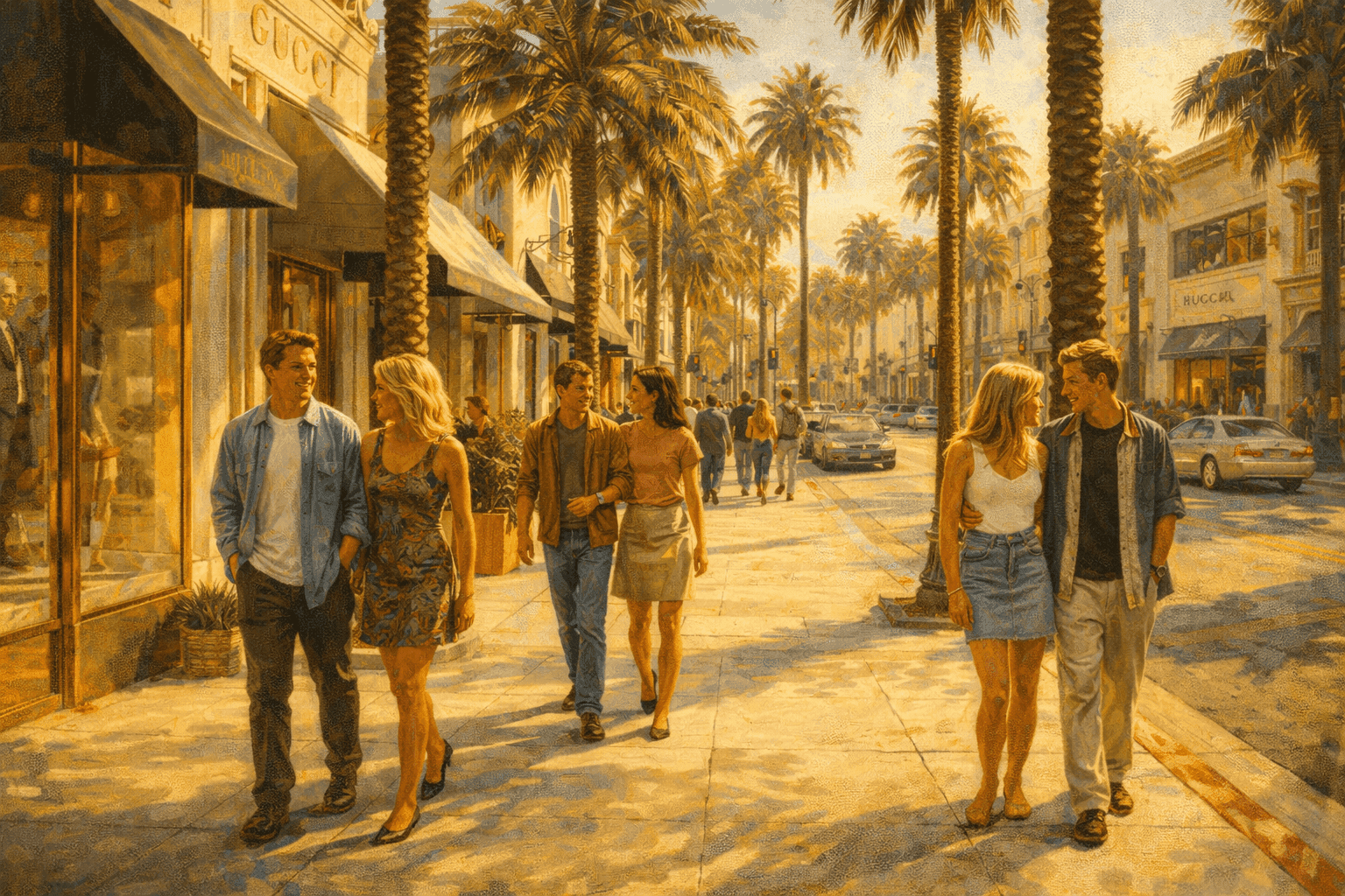 A sun-drenched Beverly Hills street lined with palm trees and luxury shops in the early 1990s